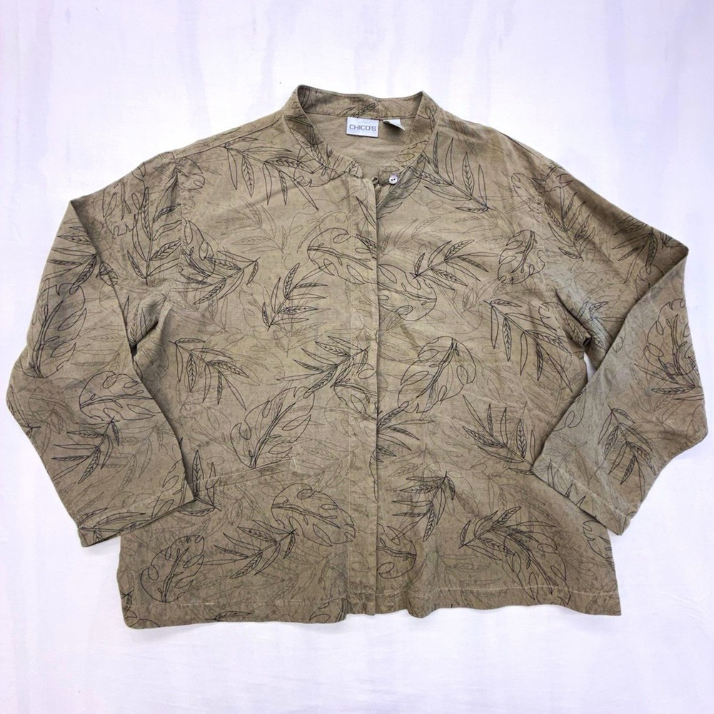 Chico's Women's Beige Silk Linen Floral Collared Button Front Blouse Size 3